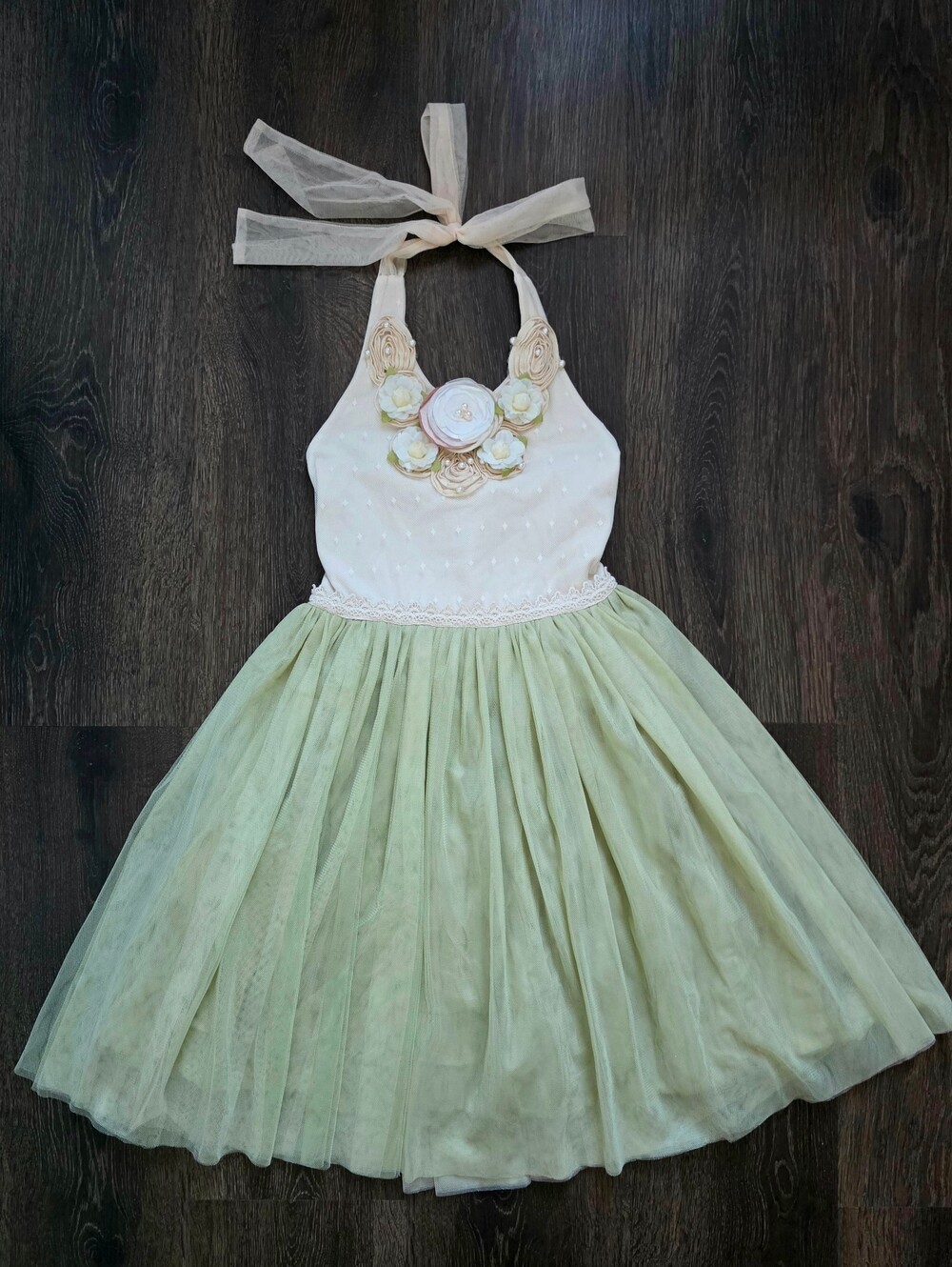 Frilly Frocks boutique 3D flower embellished sage tulle dress